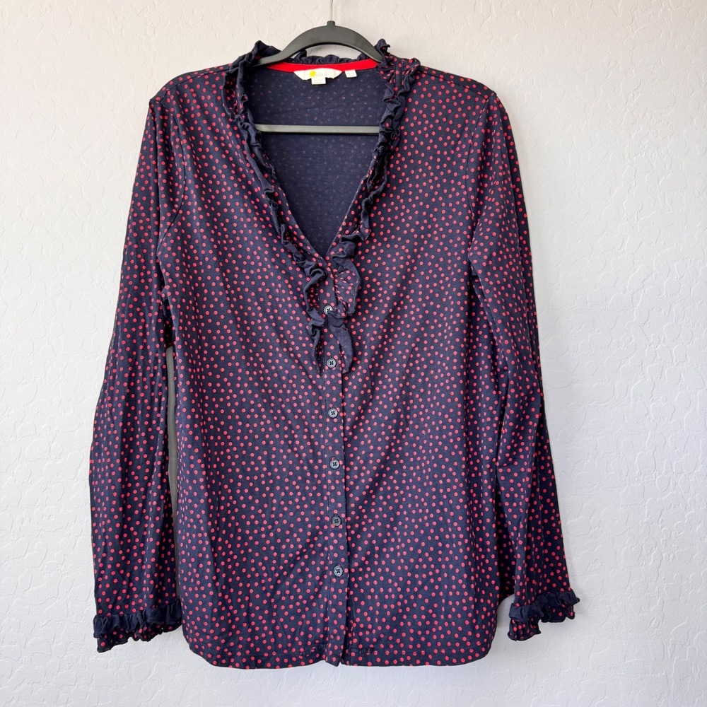Boden Women's US 16 Navy Blue Red Polka Dot Ruffle Long Sleeve Blouse Top